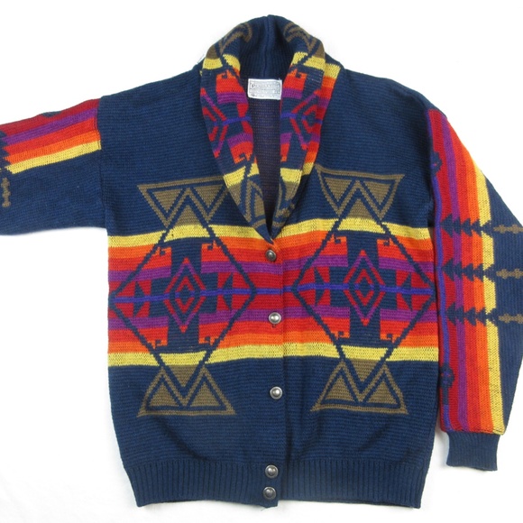 Vintage 100% Virgin Wool Pendleton Native American Design Cardigan Sweater, Sz S - Picture 2 of 6